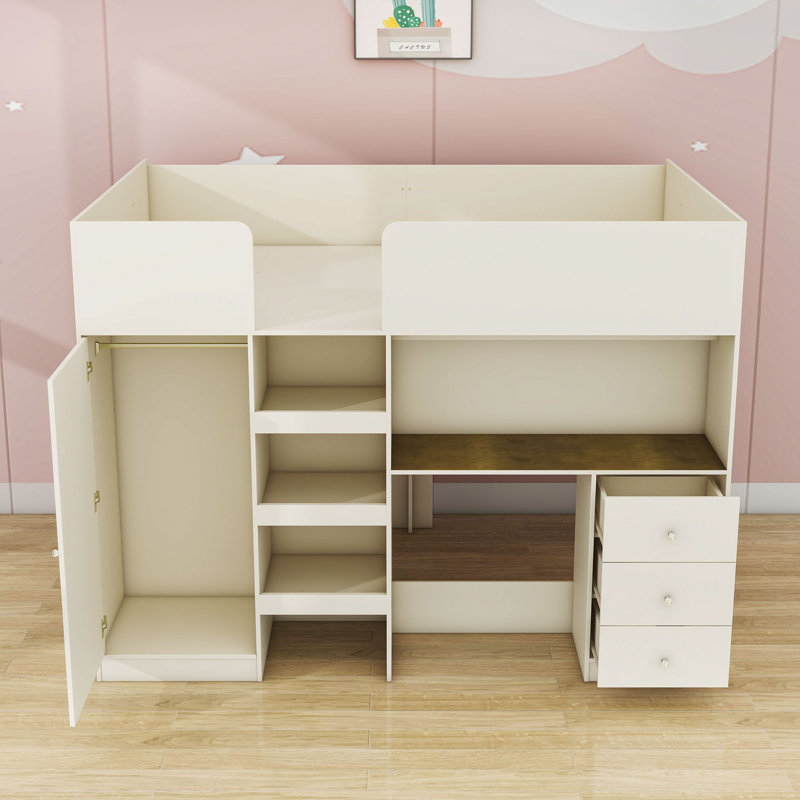 Alfreada Full Size Wood Loft Bed With Wardrobe,Desk And Drawers
