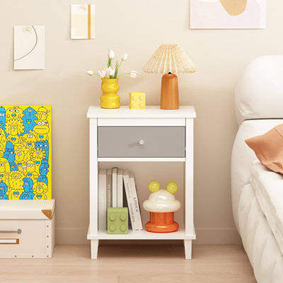 Nightstand with Grey Storage Drawer & Open Shelf, Modern Wooden End Side Table, Small Accent Bedside Cabinet for Bedroom Living Room Kids Room