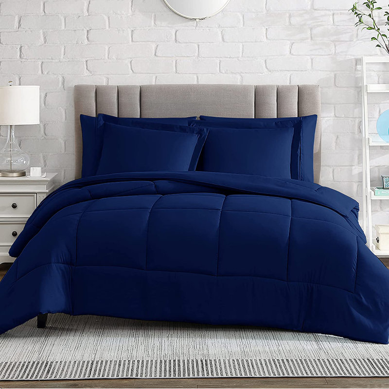 Box Stitch Comforter, Navy, Queen Comforter + 2 Queen Shams
