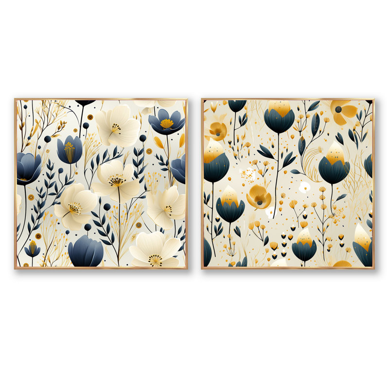 Gregoire - Ensemble de 2 collages carrés botaniques abstraits, Cadre flottant doré, H 16 po x l 33 po