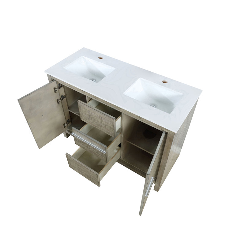 Meuble-lavabo double l 48 po x P 20 po Lafarre Lafarre , Acacia rustique, Marbre de culture blanc
