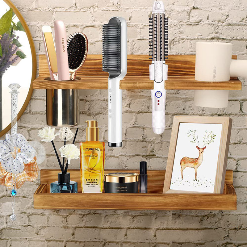 Hair Tool Organizer Wall Mount,2 Layer Rustic Blow Dryer Holder Bathroom Organizer Storage Shelf For Hair Tools, Wooden