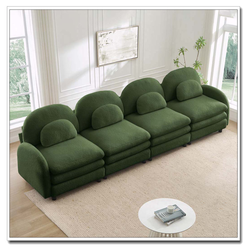 Canapé en tissu Teddy Cloud, dossier incurvé et accoudoirs avec coussins lombaires, Vert + 4 sièges