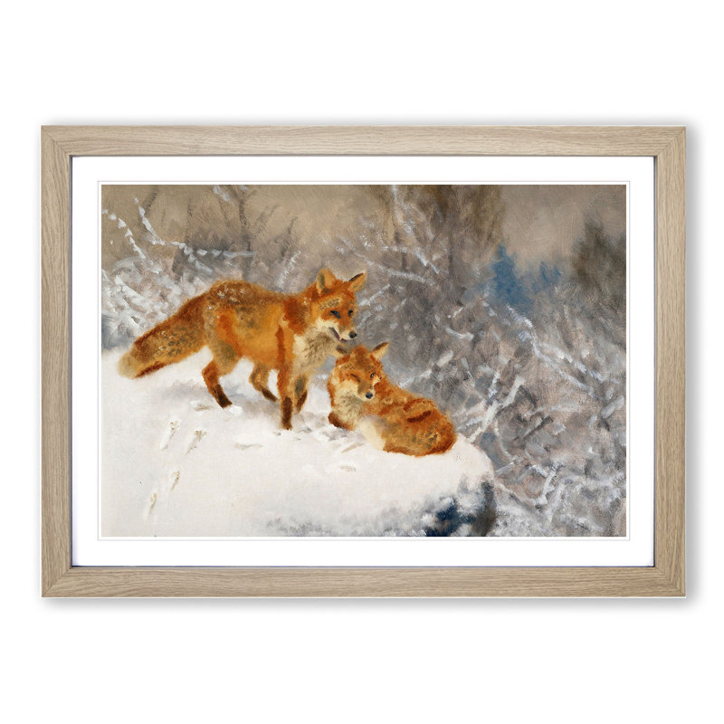 Two Foxes by Bruno Liljefors - Picture Frame Painting, Oak Framed, 48cm H x 65cm W x 2cm D