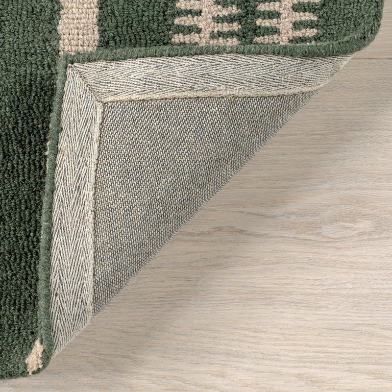 Handmade Green and Beige Wool Striped Rectangular Rug
