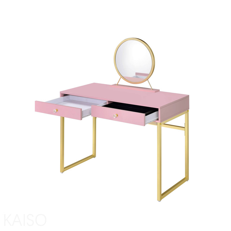 Pink & Gold Finish Vanity Desk W/Mirror & Jewelry Tray