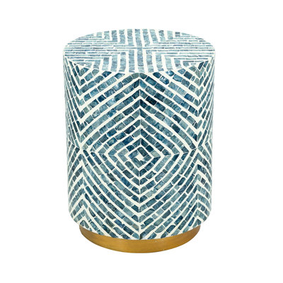 Blue And White Accent Stool 14x14x18", Gold Base, Suits Bohemian Themes 18 - Inch Tall Round With Inlay, Ideal For Coastal Decor