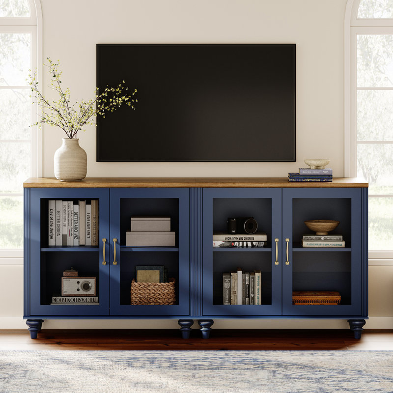 Glidewell 2 In 1 TV Stand With Glass Doors, Navy Blue, Navy Blue