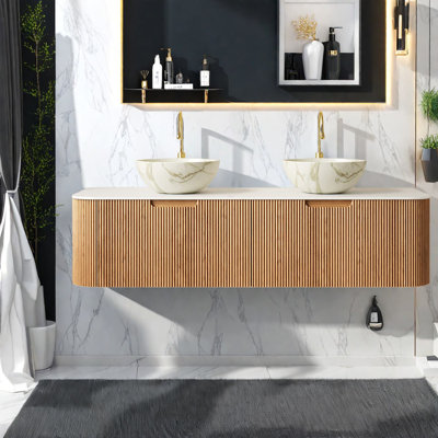 Meuble-lavabo moderne avec rangement, lavabos en céramique et plateau en pierre frittée