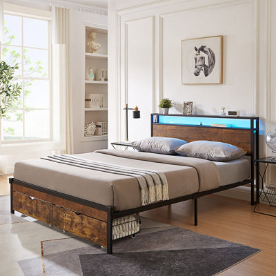 Metal Platform Bed Frame With Wooden Headboard And Footboard With USB,Charging Station,2 Drawers,LED s, No Box Spring Needed, Easy Assemble