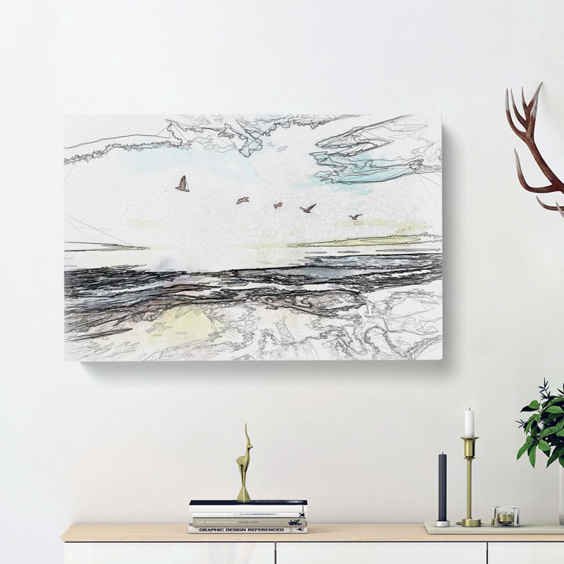 Seagulls over a Beach in San Diego in Abstract - Wrapped Canvas Drawing - Wrapped Canvas, 60cm H x 91cm W x 3cm D