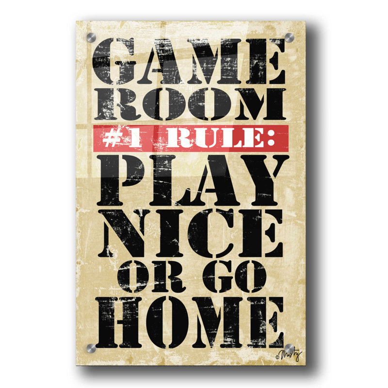 «Game Room # 1 Rules» par Misty Michelle, art mural en verre acrylique, H 36 po x l 24 po x P 0,2 po