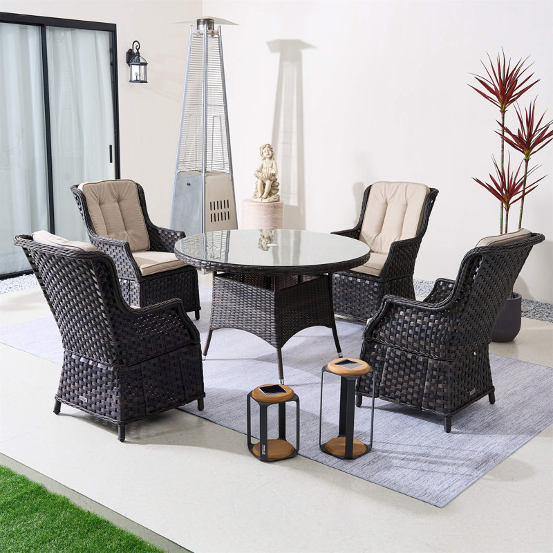 Abrihome Outdoor Bistro Set With Round Pe Wicker Table And Cushioned Chairs, Brown/Beige, 4