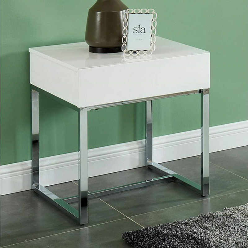 Kiro Table de bout rectangulaire blanche en bois avec tiroirs à profil bas et structure en métal