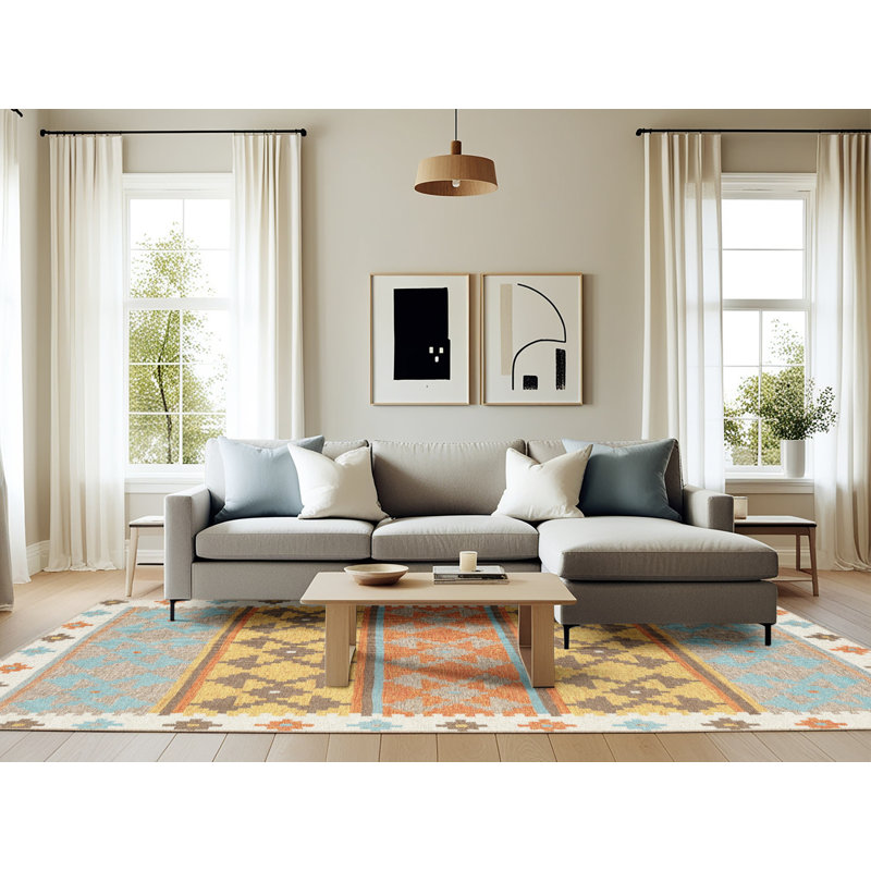 Tapis contemporain bleu ciel / jaune, Rectangle 6 pi x 9 pi