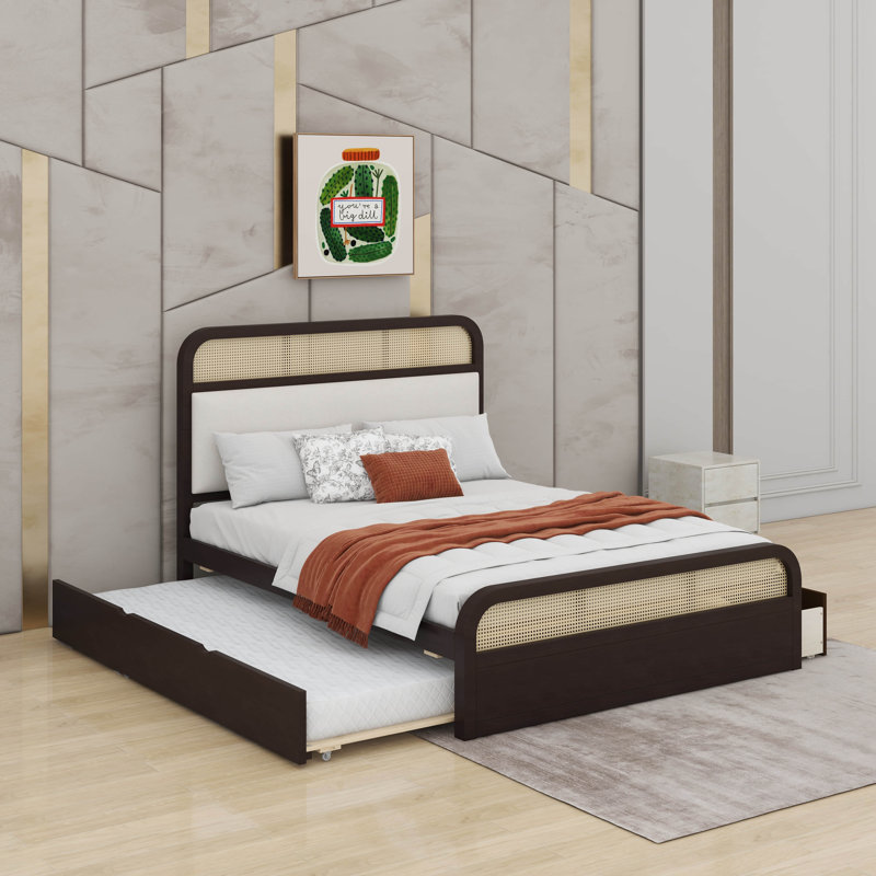 Grand lit plateforme en bois avec lit gigogne et 2 tiroirs, Espresso