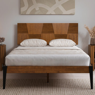 Nesto Modern Queen Bed Frame With Geometric Headboard & Black Matte Metal Legs, Premium Solid Wood Platform Bed Frame, Wood Slat Support, No Box Spring Needed