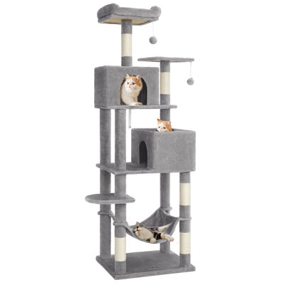 Feandrea Cat Tree, 191 cm Cat Tower for Indoor Cats, Plush Multi-Level Cat Condo with 5 Scratching Posts, 2 Caves, Hammock, 2 Pompoms, Light Grey
