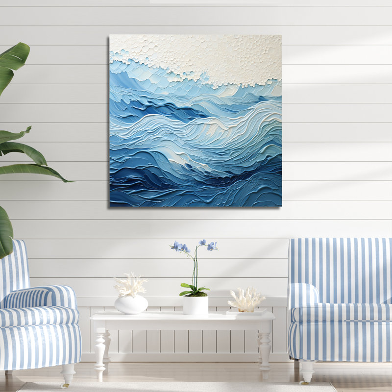 Bleu et blanc, vagues modernes de la côte I - art minimaliste côtier, Toile tendue, 36" H x 36" W