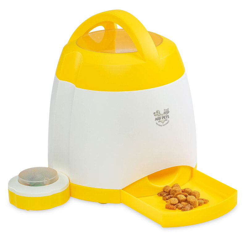 Yellow and White Dog Treat Dispenser with Remote Button