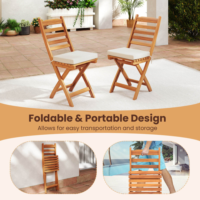 Ensemble de 2 chaises de patio pliantes avec dossier à lattes et coussins de siège moelleux