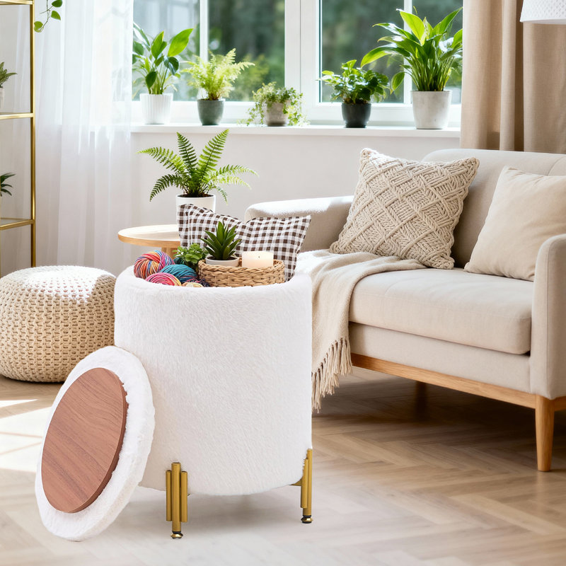 Round Velvet Ottoman with Storage, White