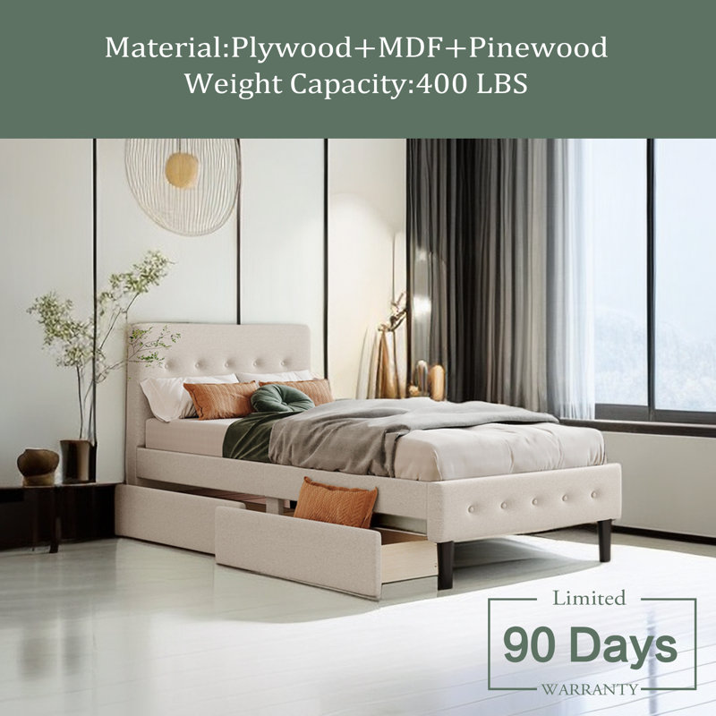 Upholstered Platform Storage Bed, Beige