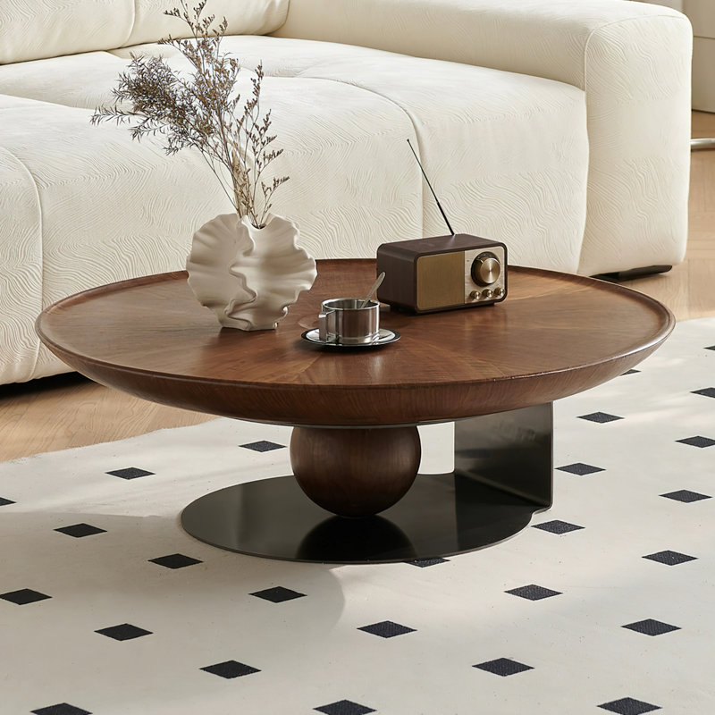 39.37" Round Coffee Table - Carbon Steel Frame with Natural Wood Veneer Top, Modern Curved Accent Table for Living Room