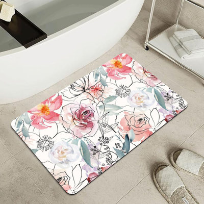 Bath Mat Rug,Pink Watercolor Peonies Non Slip Quick Dry Super Absorbent Thin Bathroom Rugs Fit Under Door-Easy to Clean Bathroom Floor Mats-Shower Rug for Shower Sink Bathtub(16" x 24"in)