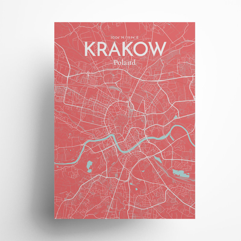 «Krakow City Map», impression de luxe, H 27,6 po x l 19,7 po, Rose / bleu pastel