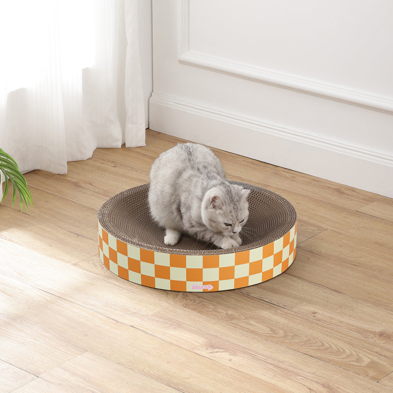 Nelson 20.13" Modern Cardboard Round Bowl Cat Scratcher with Catnip, Orange/Light Yellow