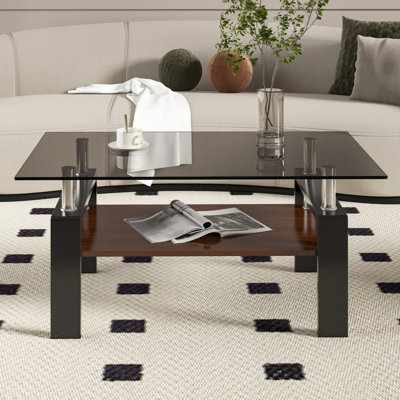 Table basse rectangulaire avec tablette de rangement et plateau en verre trempé