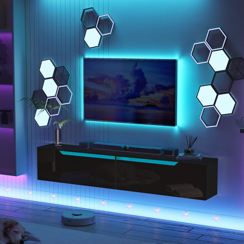 Meuble télé mural moderne avec DEL et surface brillante, Noir, noir, noir, noir