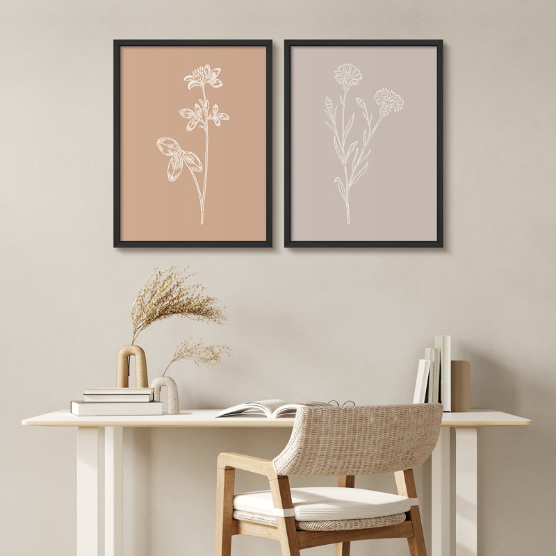 «Beige Brown Wildflowers», reproduction d'art moderne encadrée, affiche, salle de bain, petit art mural, Blanc / Blanc