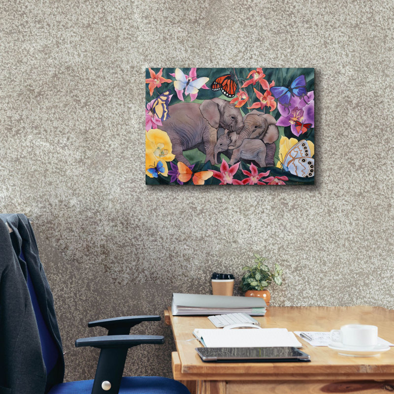 «Elephants and Butterflies» par Carissa Luminess, art mural sur toile, H 18 po x l 26 po x P 0,75 po