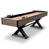 Hathaway Excalibur 9 Ft Shuffleboard Table for Arcade Game Room - With Poly-Coated Playfield, Built-In Abacus Scorer & Cabinet, Padded Gutters, X-Pattern Legs, 8 Pucks, Brush & Wax - Driftwood Finish