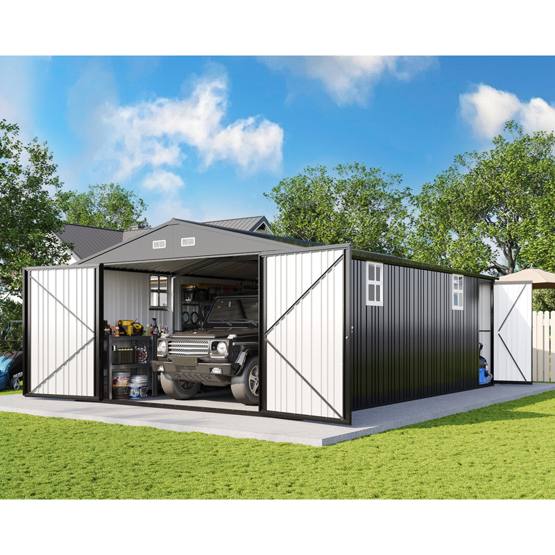 Remise de rangement extérieure Guardian Shelter Series AMERLIFE 13,2 x 21 x 8 pi, grande remise en métal avec 2 portes à double charnière, gris foncé