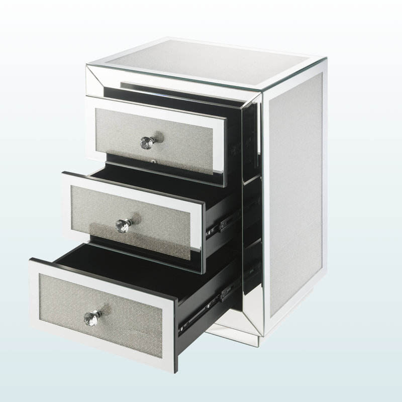 Table d'appoint à miroir Ravine avec incrustation de faux diamants - Élégante table à 3 tiroirs pour le salon et la chambre à coucher