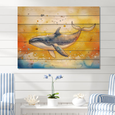 Watercolor Humpback Whale In The Ocean I - Traditional Wood Wall Decor On Natural Pine Wood