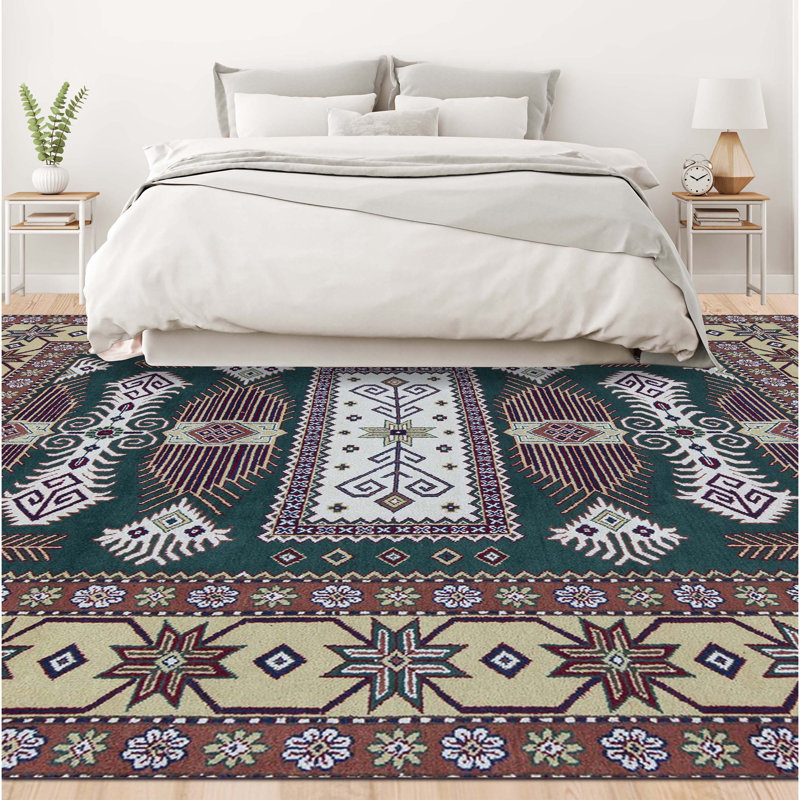 Kazak Wool Oriental Area Rug in Green/Maroon/Brown/White, Rectangle 3'11" x 5'9"