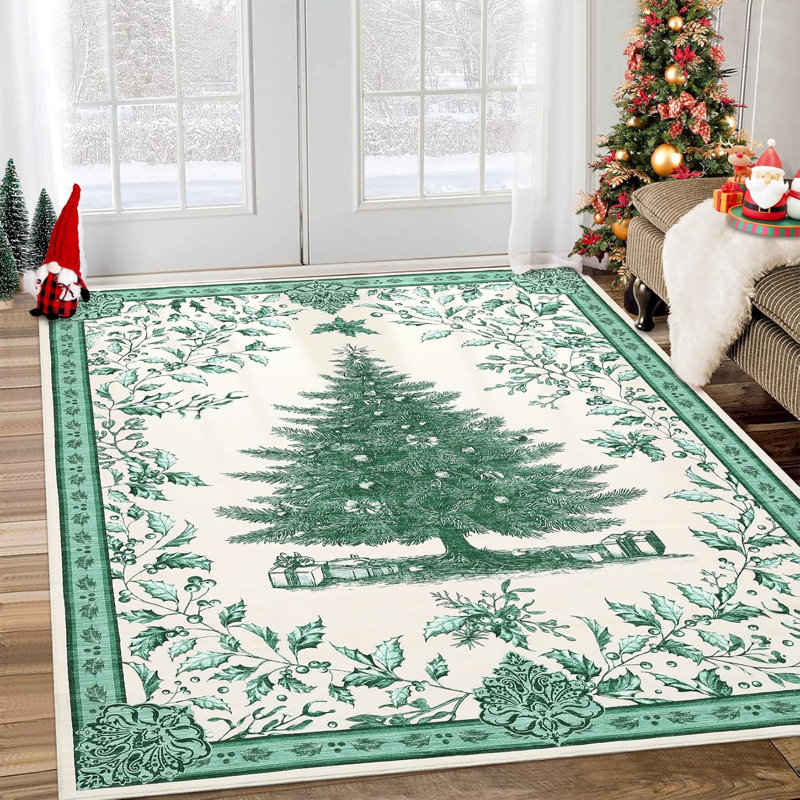 Christmas Tree Print Non-Slip Indoor Rug 9x12 ft – Washable Soft Holiday Doormat for Entryway, Kitchen, Bathroom, Bedside -Thin Red Carpet