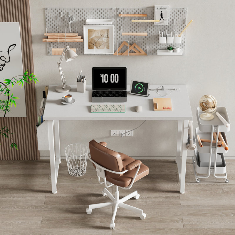 Writing Desk With Power Outlets Rectangle Computer Desk, 29.52" H x 39" W x 18.9" D, White