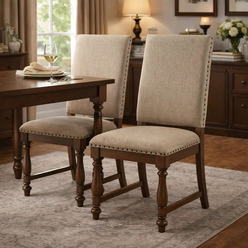 Ensemble de 2 chaises d'appoint Tom, polyester beige, brun chêne, pieds tournés