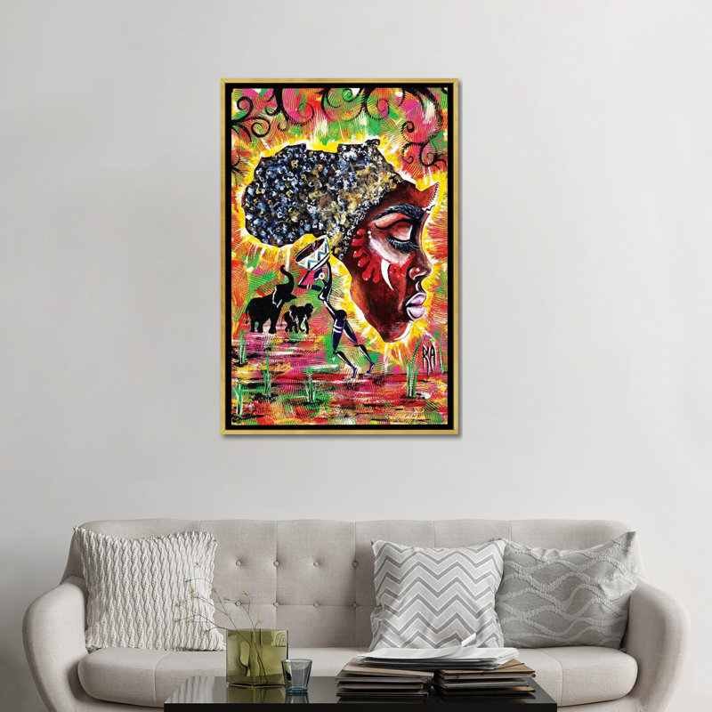 «Mama Afrika» par l'artiste Ria, reproduction d'art, H 48 po x l 32 po x P 1,5 po, Toile encadrée d'or, Aucun mat