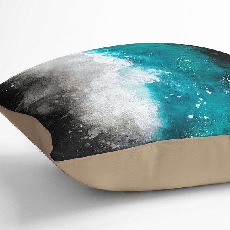 Ocean Kissing the Beach Paint Splash Cushion with Filling, 40cm H x 40cm W x 15cm D, Stone
