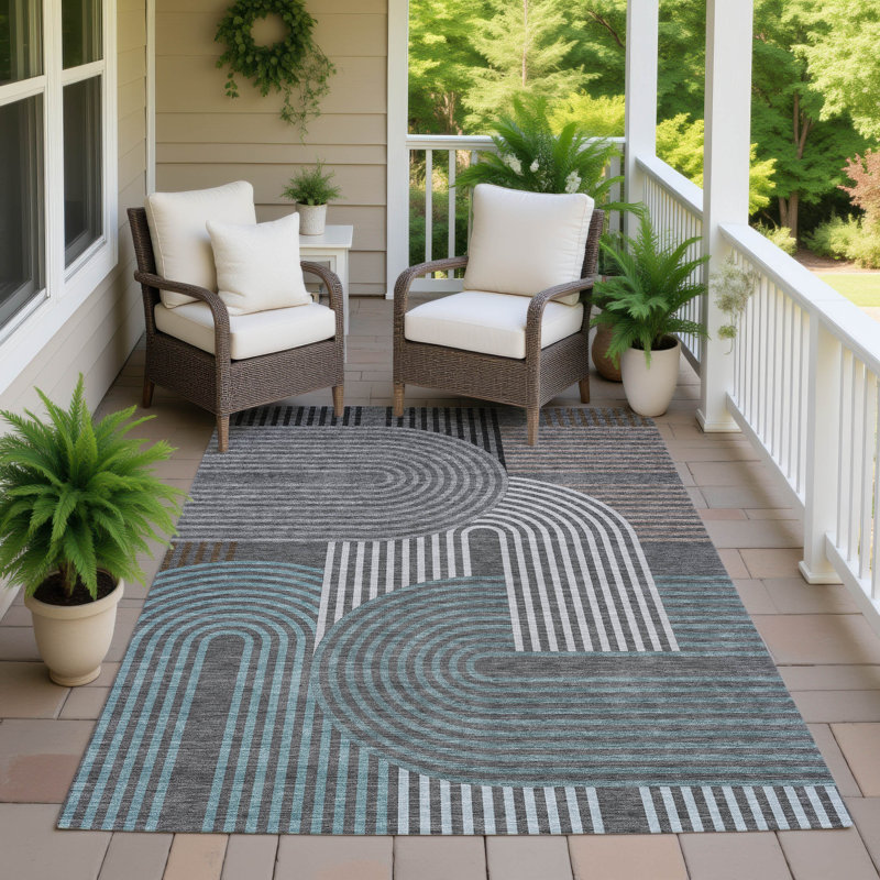 Tapis mid-century moderne lavable à la machine intérieur / extérieur Chantille ACN2549, Gris anthracite