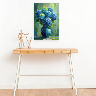 Bleu sarcelle, hydrangées abstraites, hortensias contemporains audacieux, nature, art mural
