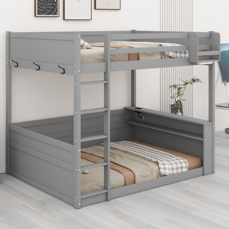 Lit superposé en bois avec tablettes intégrées, lumière DEL et station de charge USB, gris