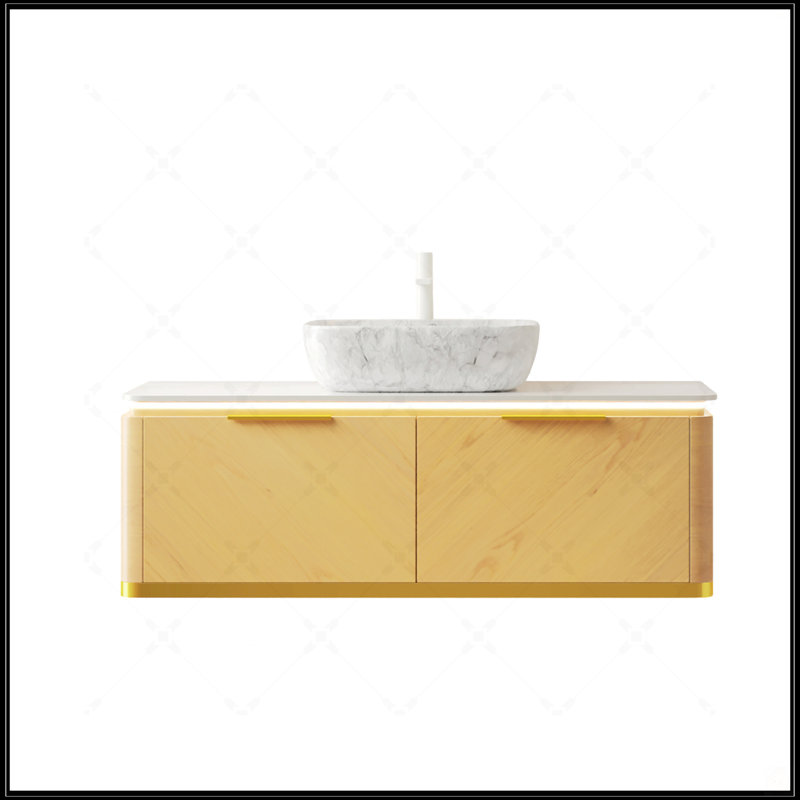Meuble-lavabo de salle de bain avec rangement flottant, tiroir en sergé, lumière à capteur, lavabo à motif de marbre et plateau en pierre frittée, grain de bois de chêne Corolla