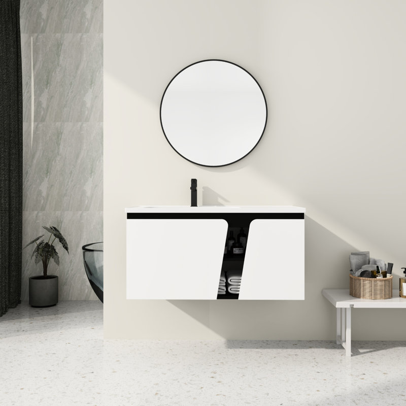 40'' Vanity With Ceramics Basin. Soft-Close Door For Bathroom. Modern Design. Spacious Storage. Plywood Construction. White And Black Sink. Contemporary Storage Area. Material.